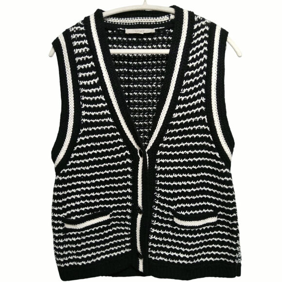Chunky SOFT Knit sweater vest blk/white striped Buttoned Varsity Acadamia Wom L - Picture 1 of 9